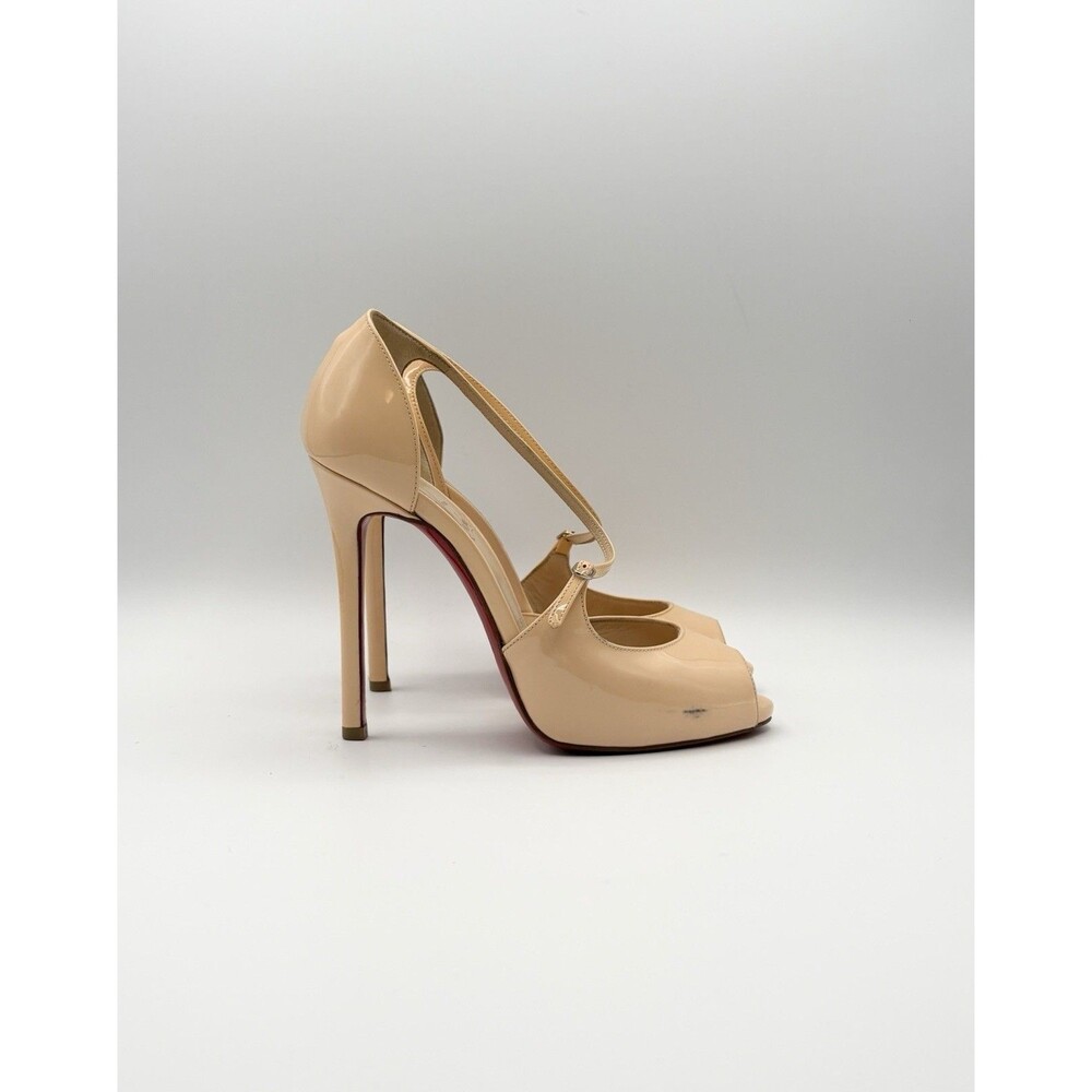 Christian Louboutin Nude Patent Leather Peep Toe Heels Strap Accent Size EU 36